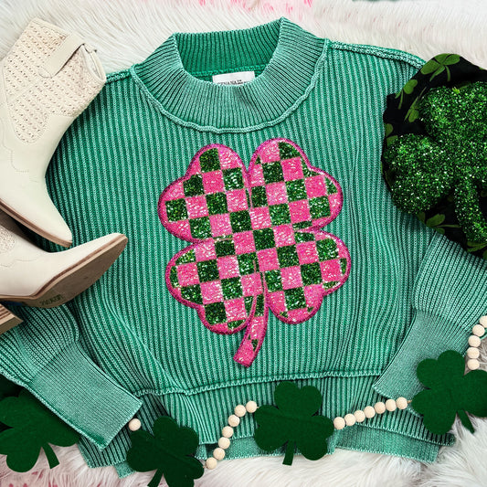 Checkered Shamrock Sequin Patch Ribbed Green Oversized Crop Sweater