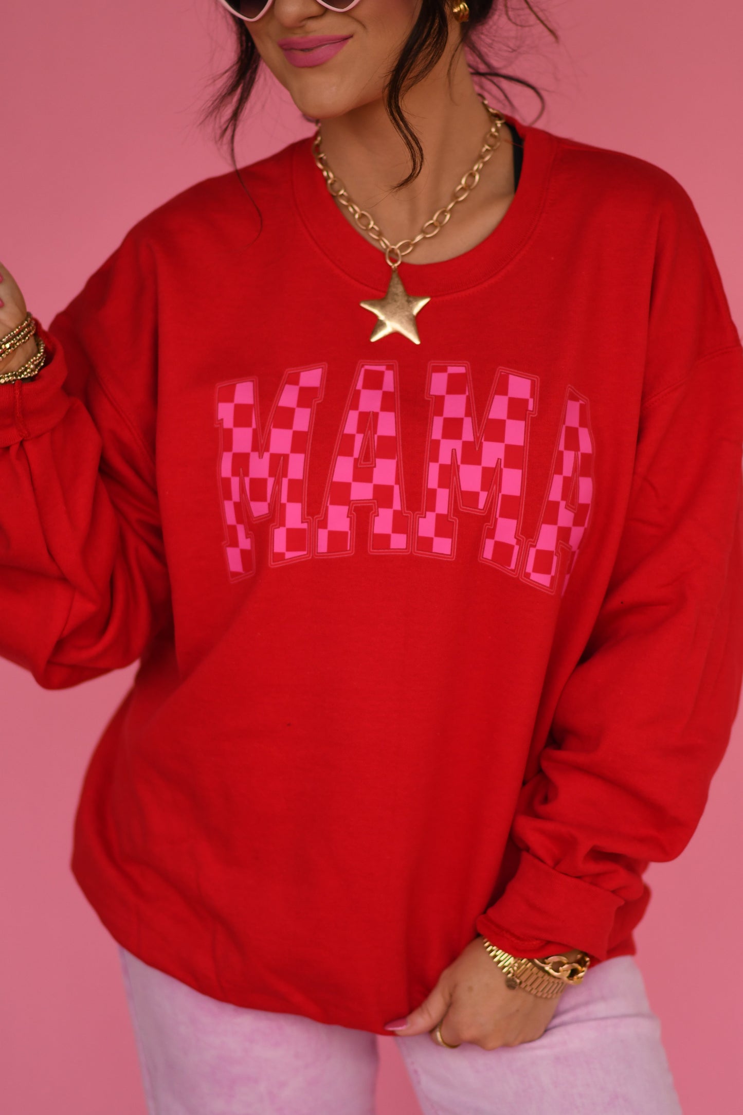Mama Red and Pink Checkered Sweatshirt