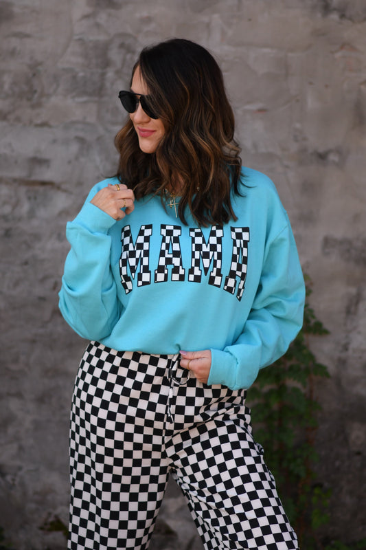 Turquoise Checkered MAMA Sweatshirt (Set Available)