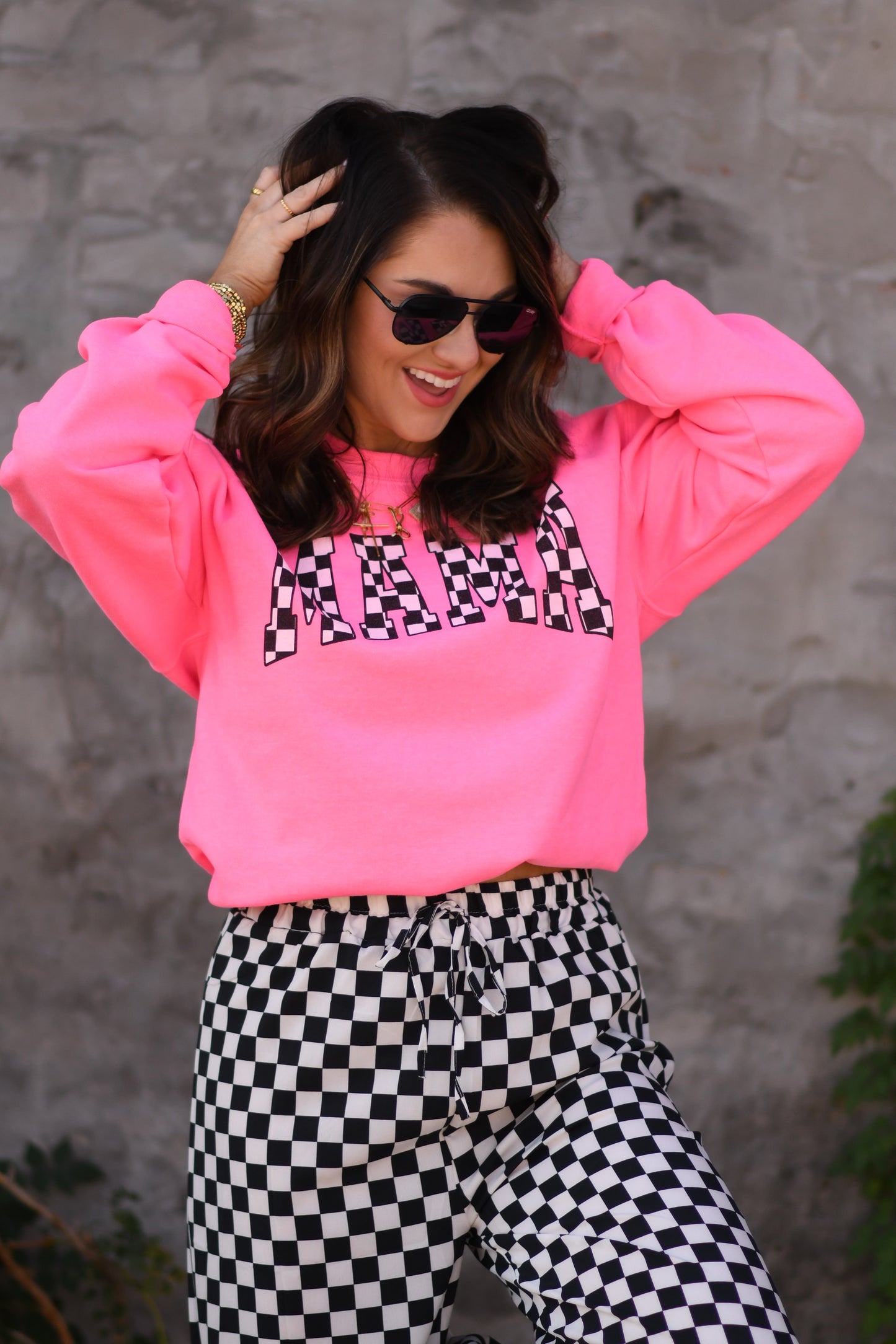 Neon Pink Checkered MAMA Sweatshirt