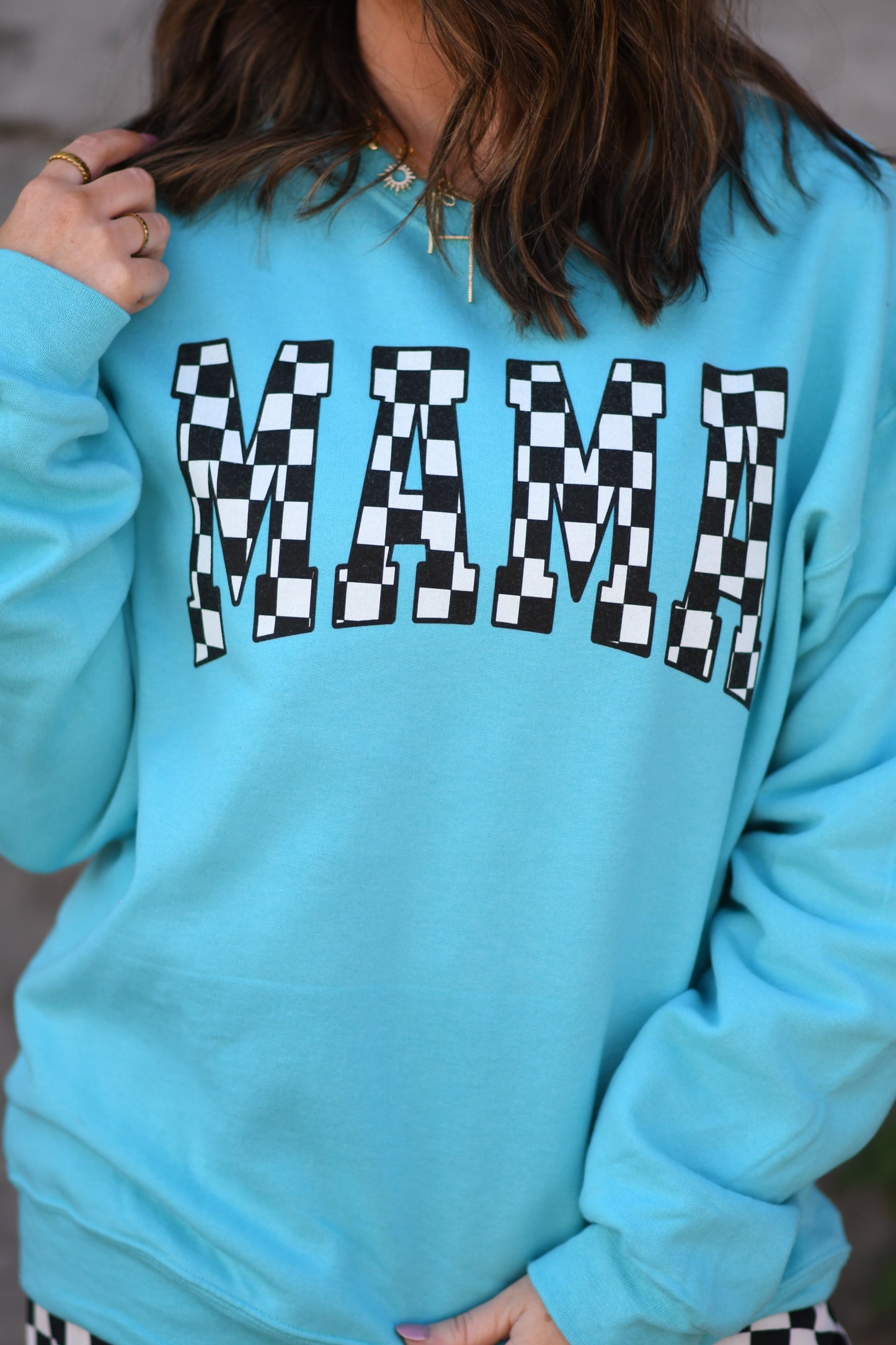 Turquoise Checkered MAMA Sweatshirt (Set Available)