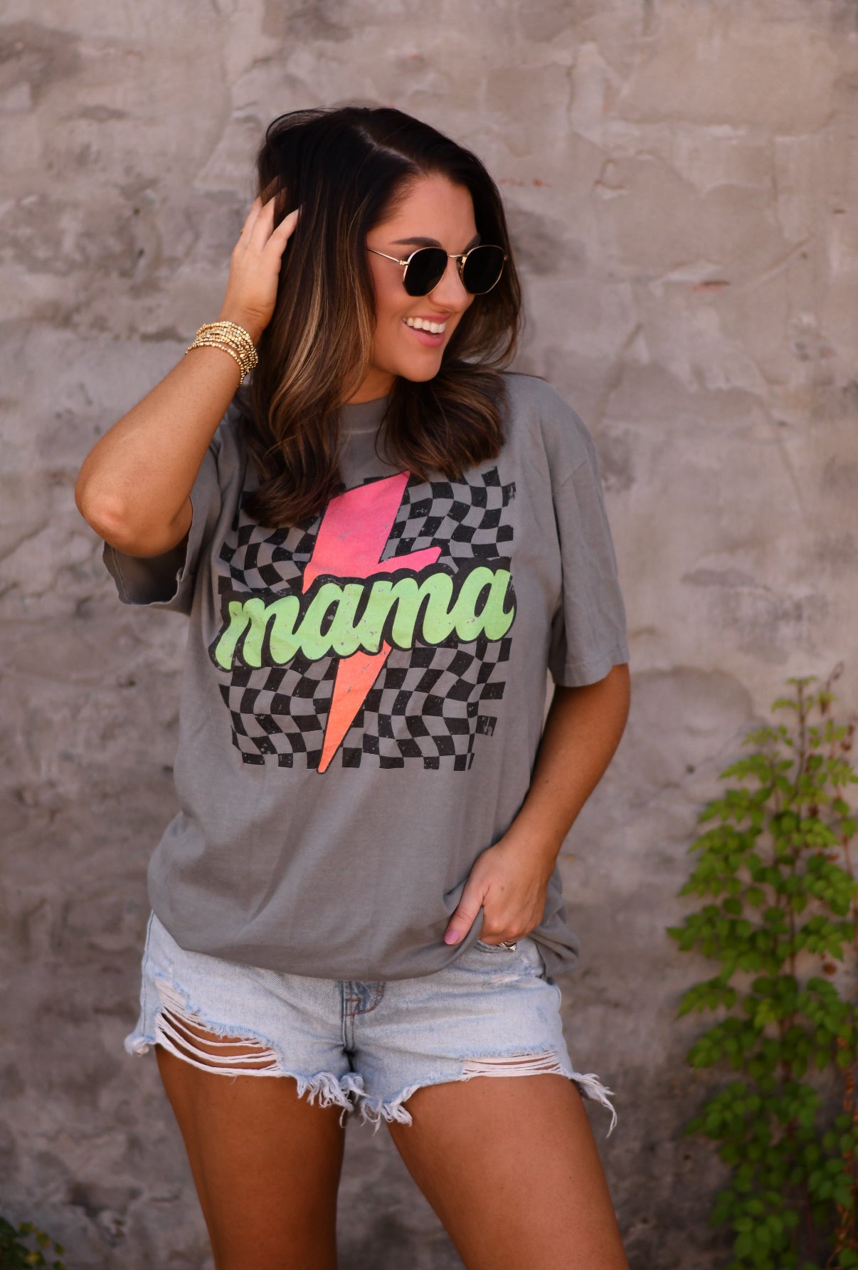 Mama Checkered Lightning Bolt Tee