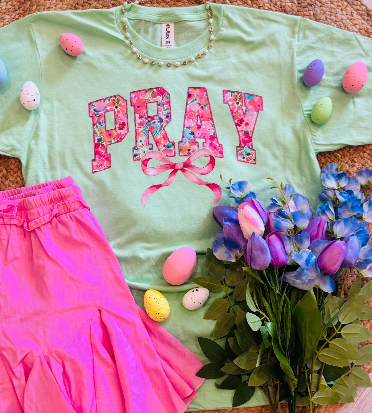 Pray Floral Bow Tee