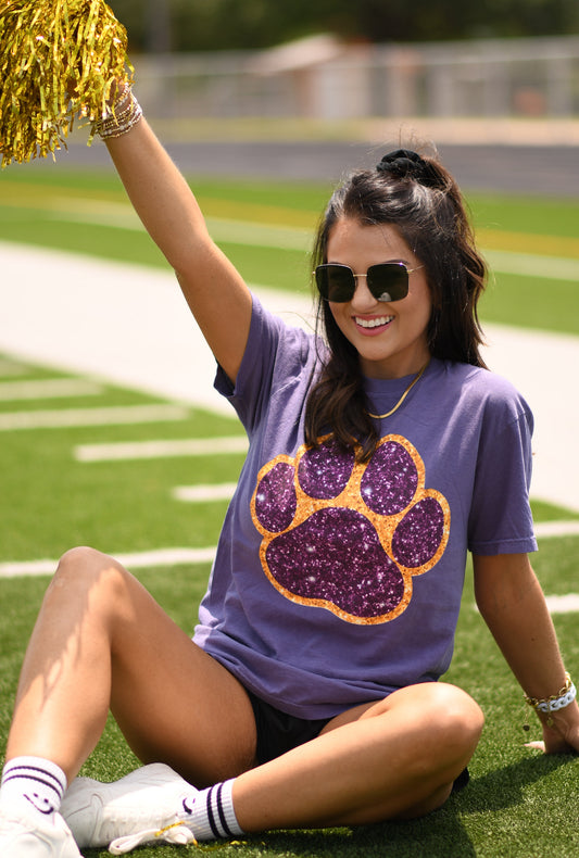 Purple & Gold Faux Glitter Paw Print Tee