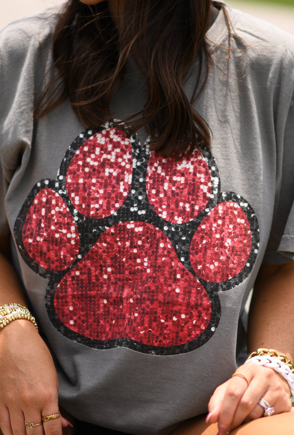 Red & Black Faux Glitter Paw Print Tee