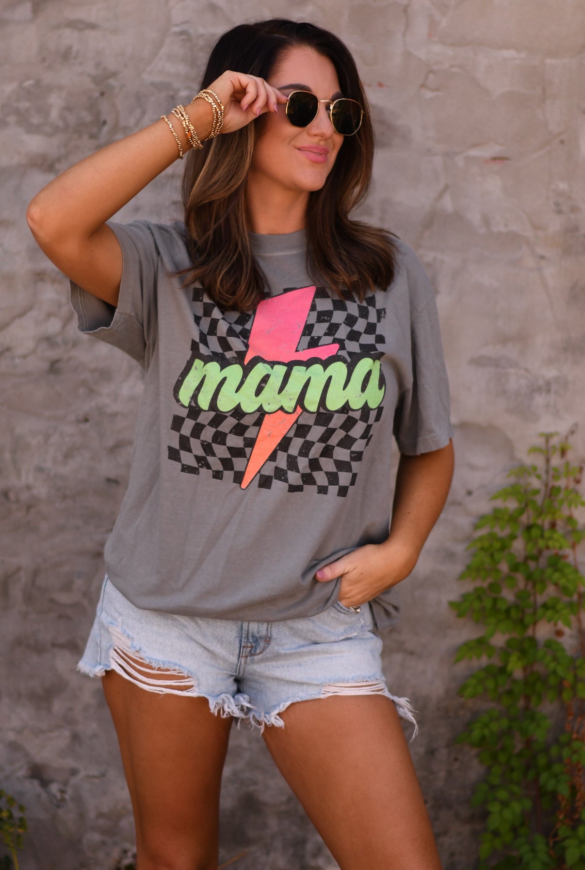 Mama Checkered Lightning Bolt Tee