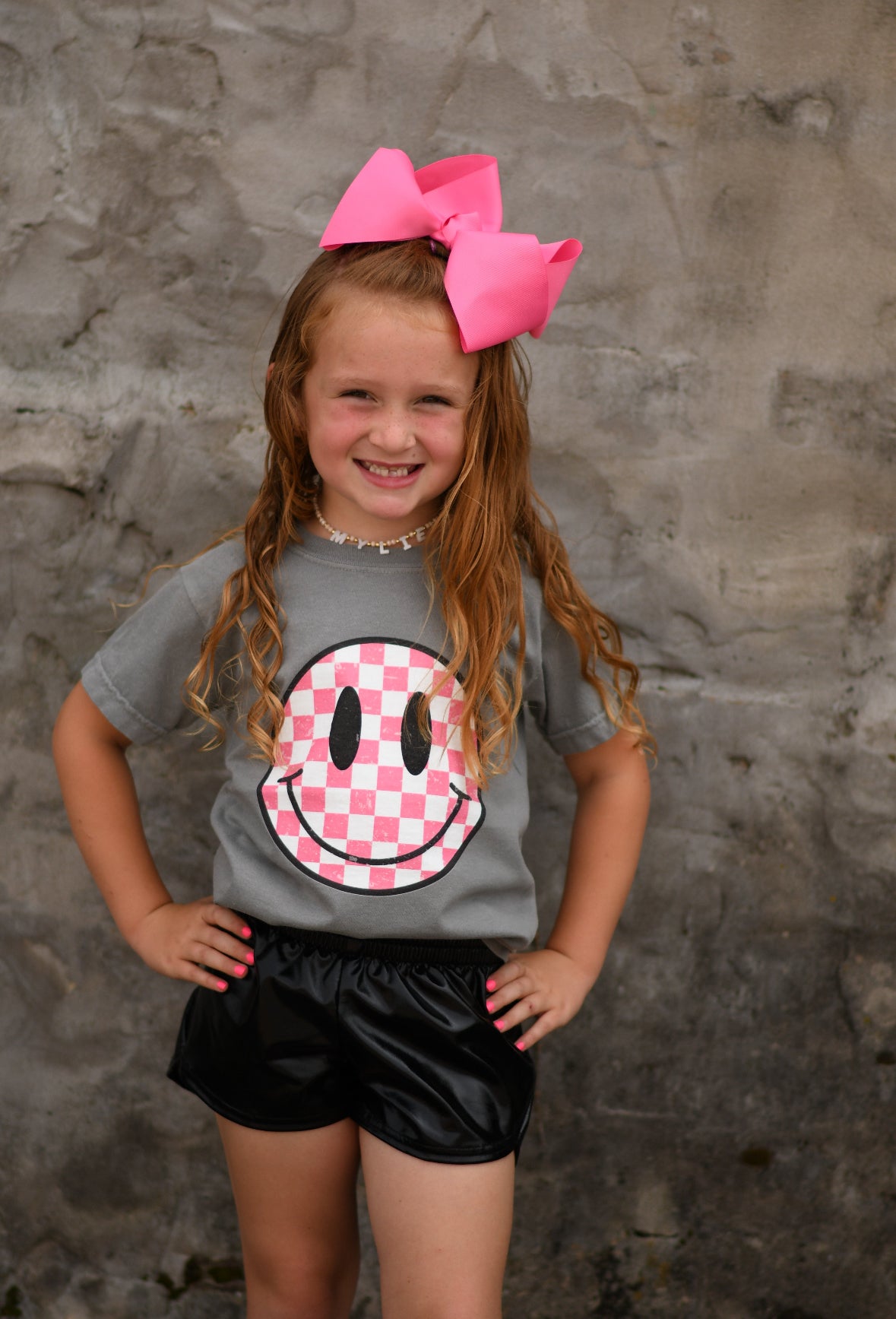 Pink Checkered Smiley Tee (Adult Sizes Available)