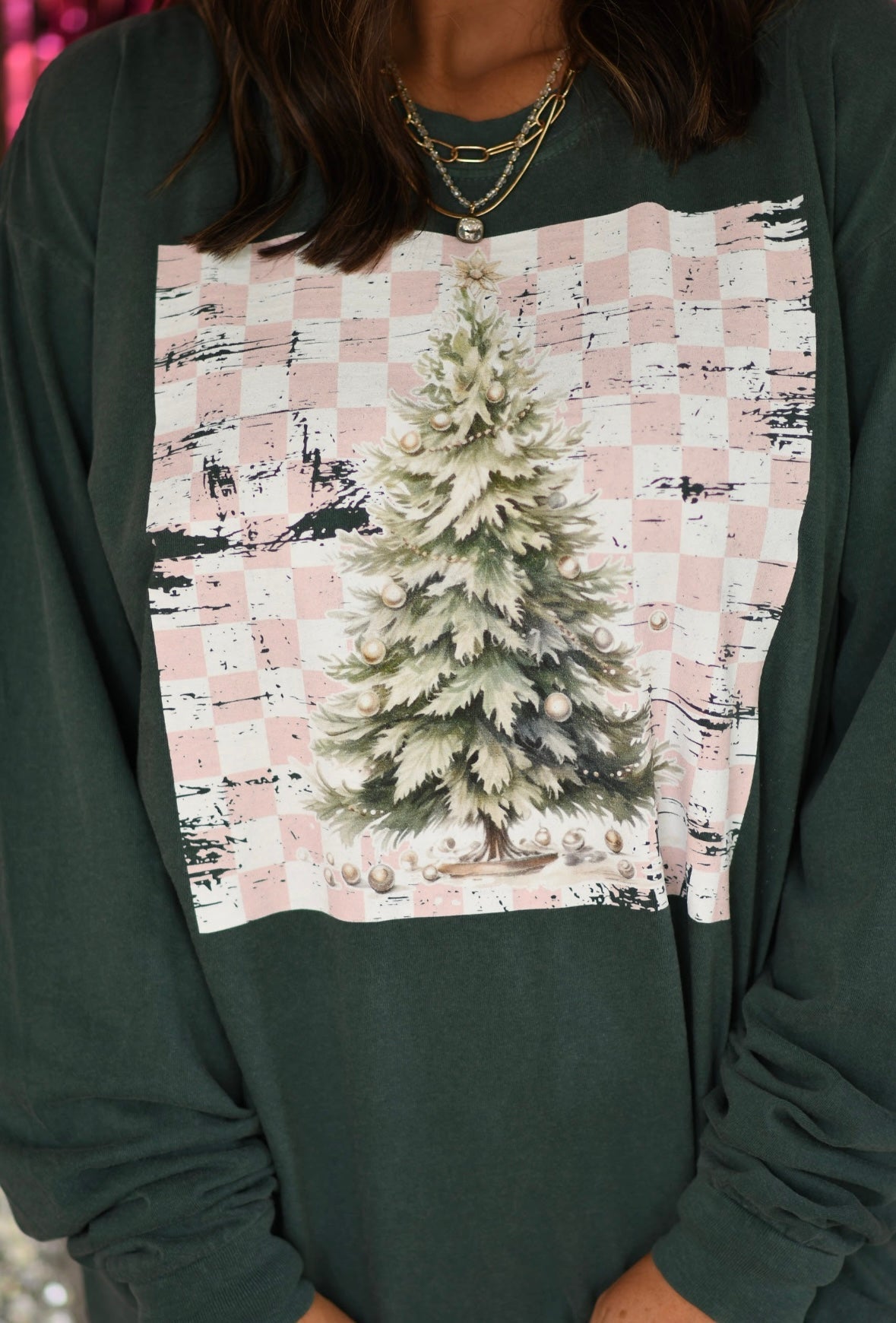 Pink Distressed Checkered Christmas Tree Tee/ Long Sleeve