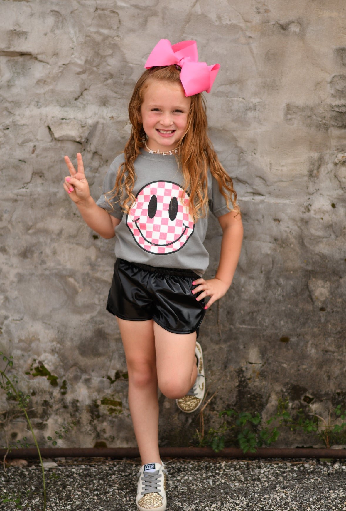 Pink Checkered Smiley Tee (Adult Sizes Available)