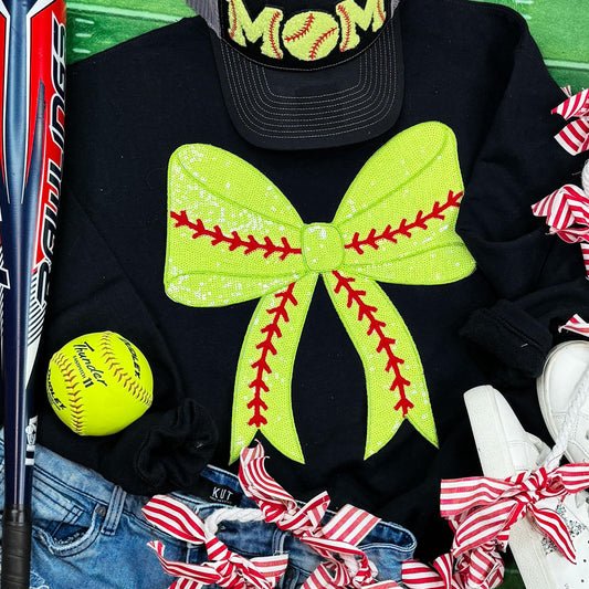 Sequins Softball Bow Patch Black Crewneck Sweatshirt