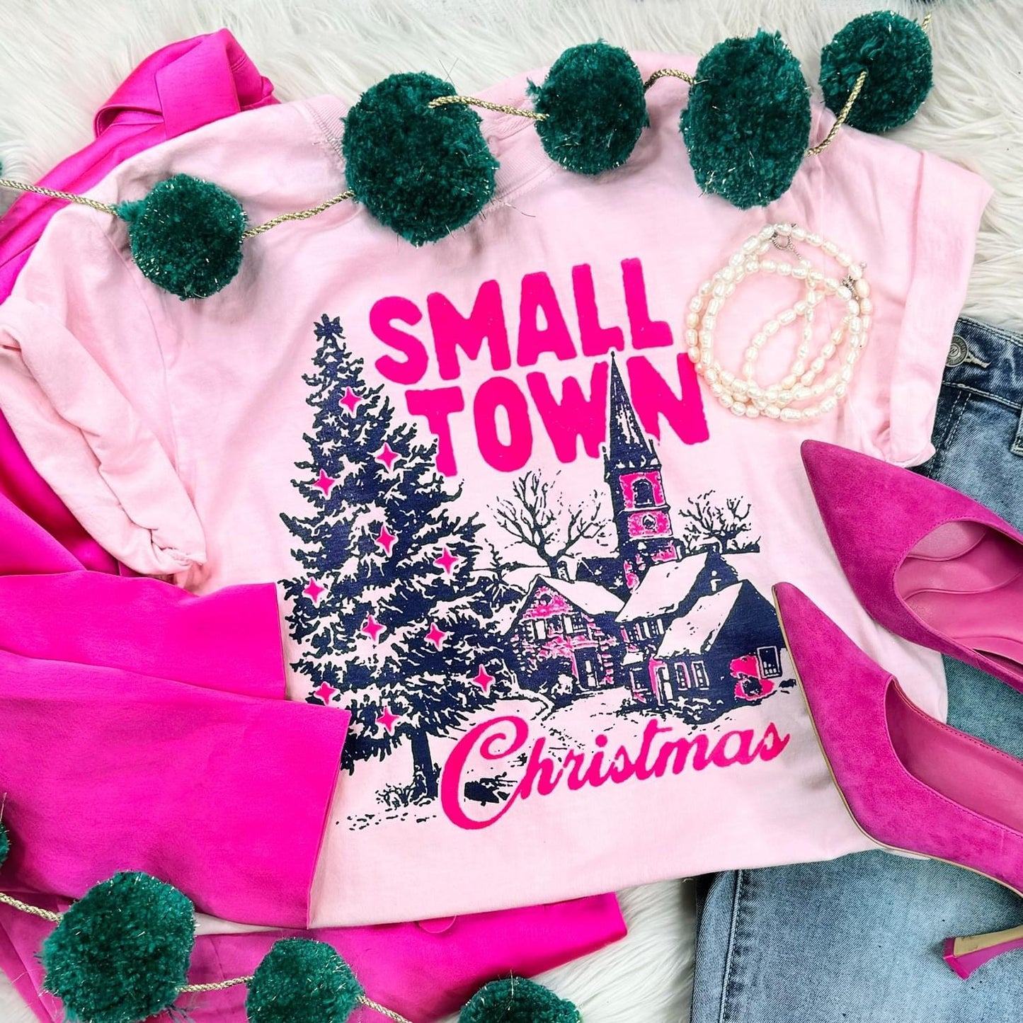 Small Town Christmas Pink Tshirt & Sweatshirt