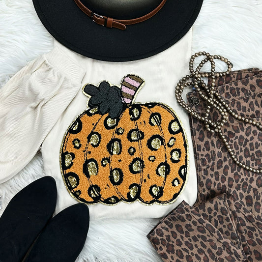 Leopard Pumpkin Chenille Trendy Ribbed Crewneck Soft Cream