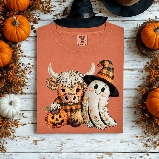 Cow With Ghost Faux Embroidery Tee