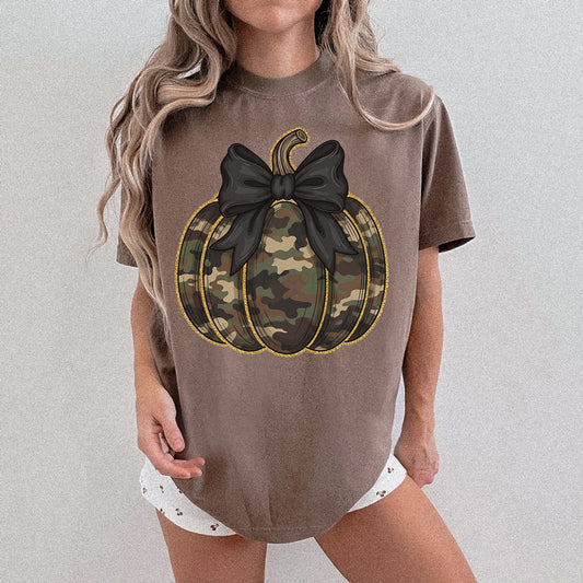 Camo Pumpkin Black Bow Tee