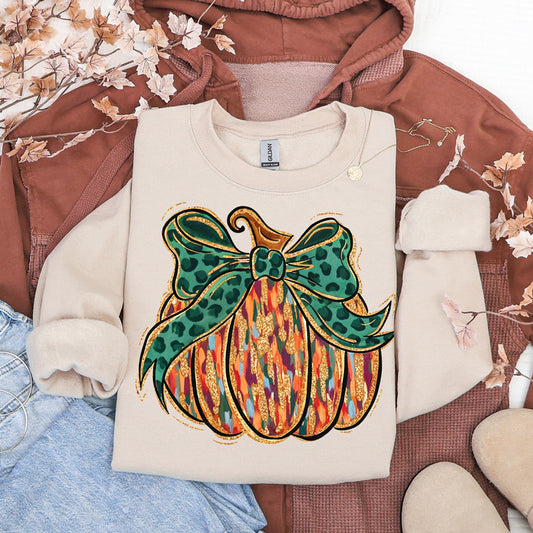 Brushstroke Pumpkin With Green Leopard Bow Sweatshirt