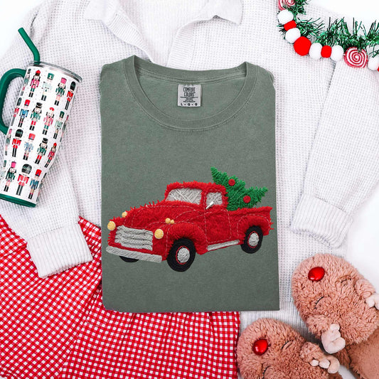 Faux Yarn Red Christmas Truck Tee