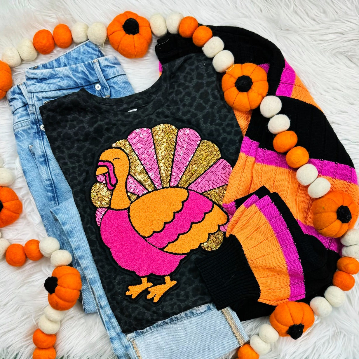 Pink Sequin Turkey Patch Black Leopard Shirt