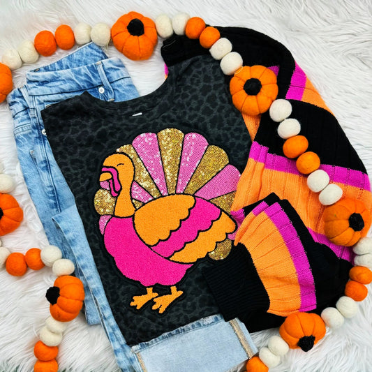 Pink Sequin Turkey Patch Black Leopard Shirt