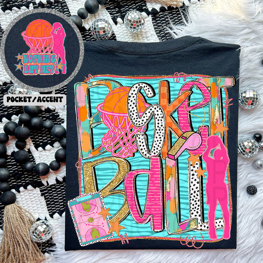 Basketball Nothing But Net Retro Faux Glitter Front/Back Black Tee