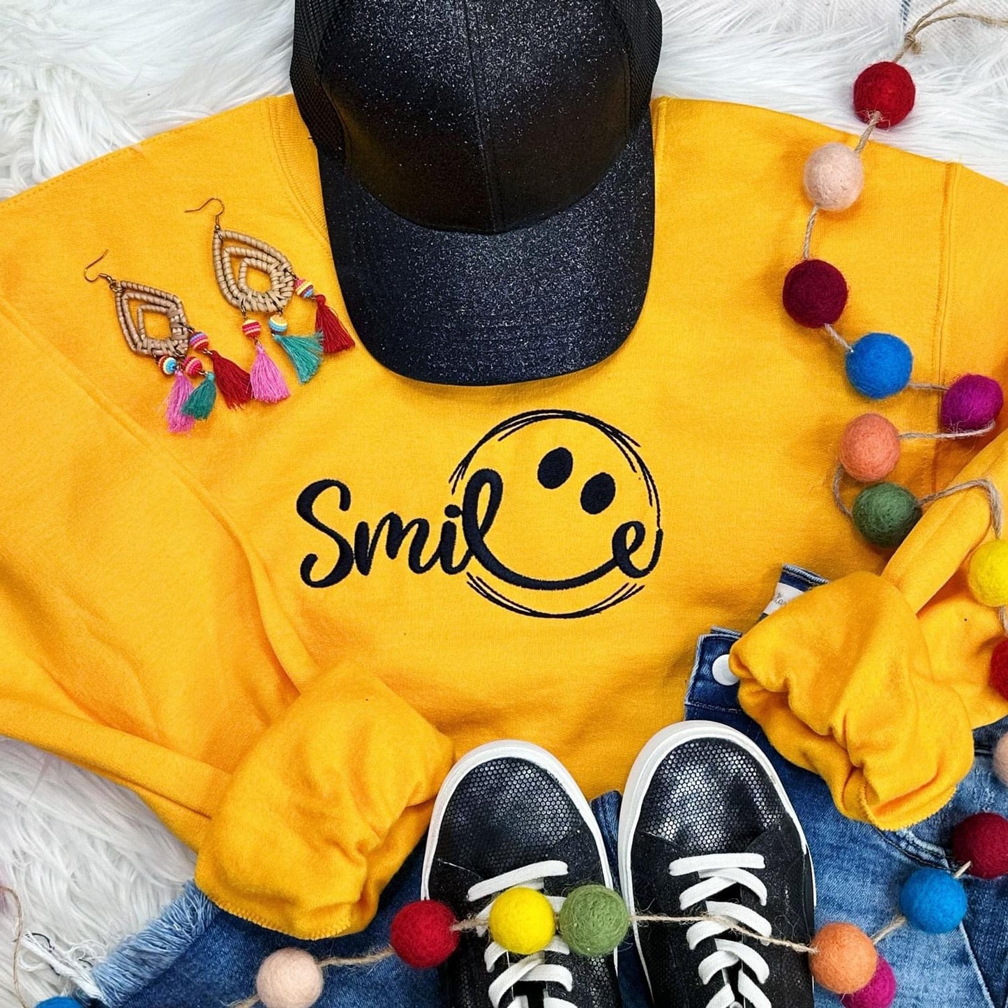 Smile Embroidered Crewneck Sweatshirt