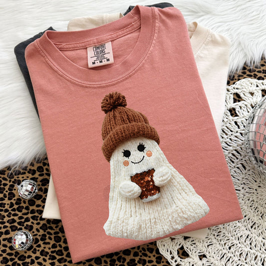 Faux Yarn Cozy Ghost With Coffee Tee