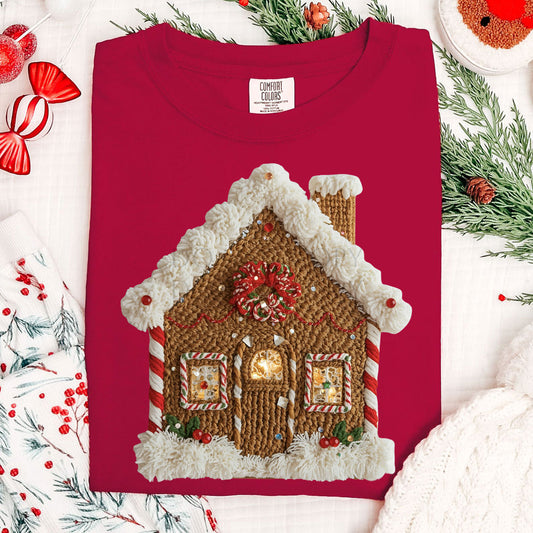 Faux Yarn Gingerbread House Tee