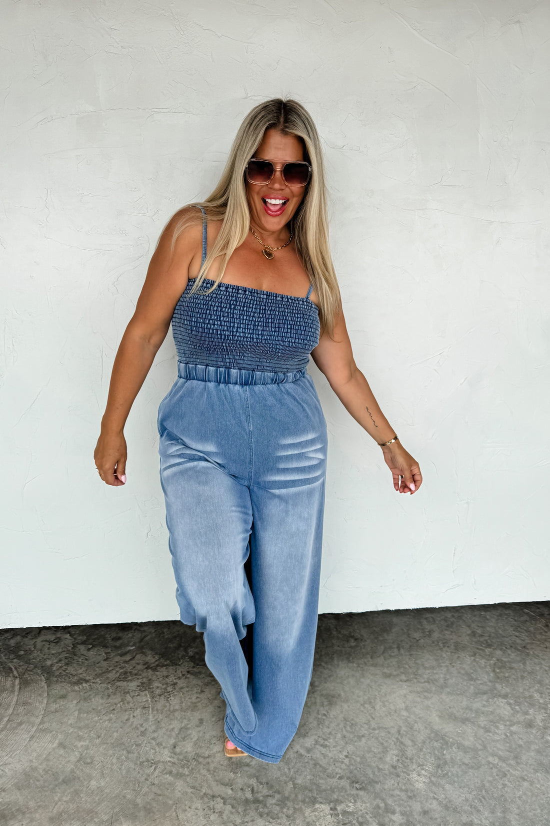PREORDER- DENIM CRUSH SMOCKED ROMPER
