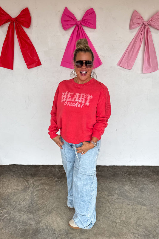 PREORDER- HEART BREAKER PULLOVER WITH LACE SLEEVE DETAIL