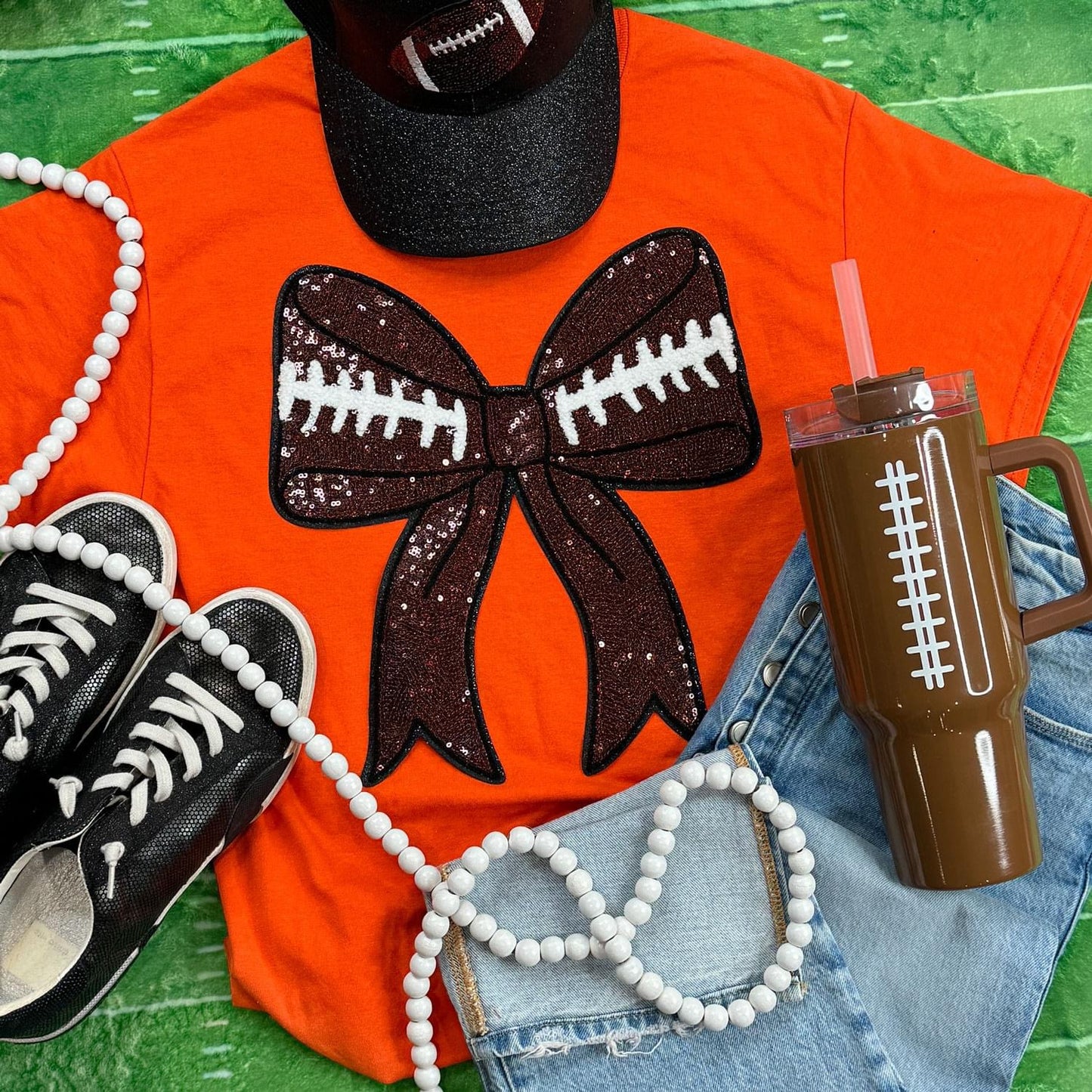 Football Sequin Bow Patch Everyday Tee