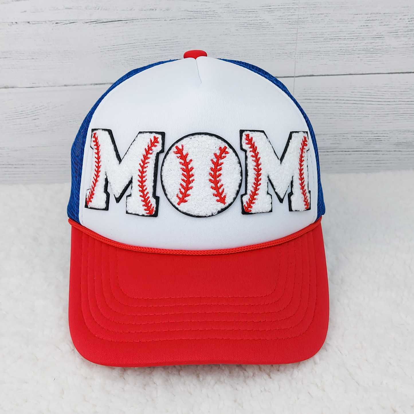 Baseball MOM on Red White Blue Foam Trucker Hat