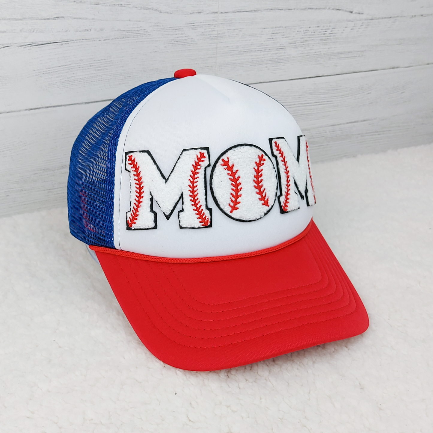 Baseball MOM on Red White Blue Foam Trucker Hat