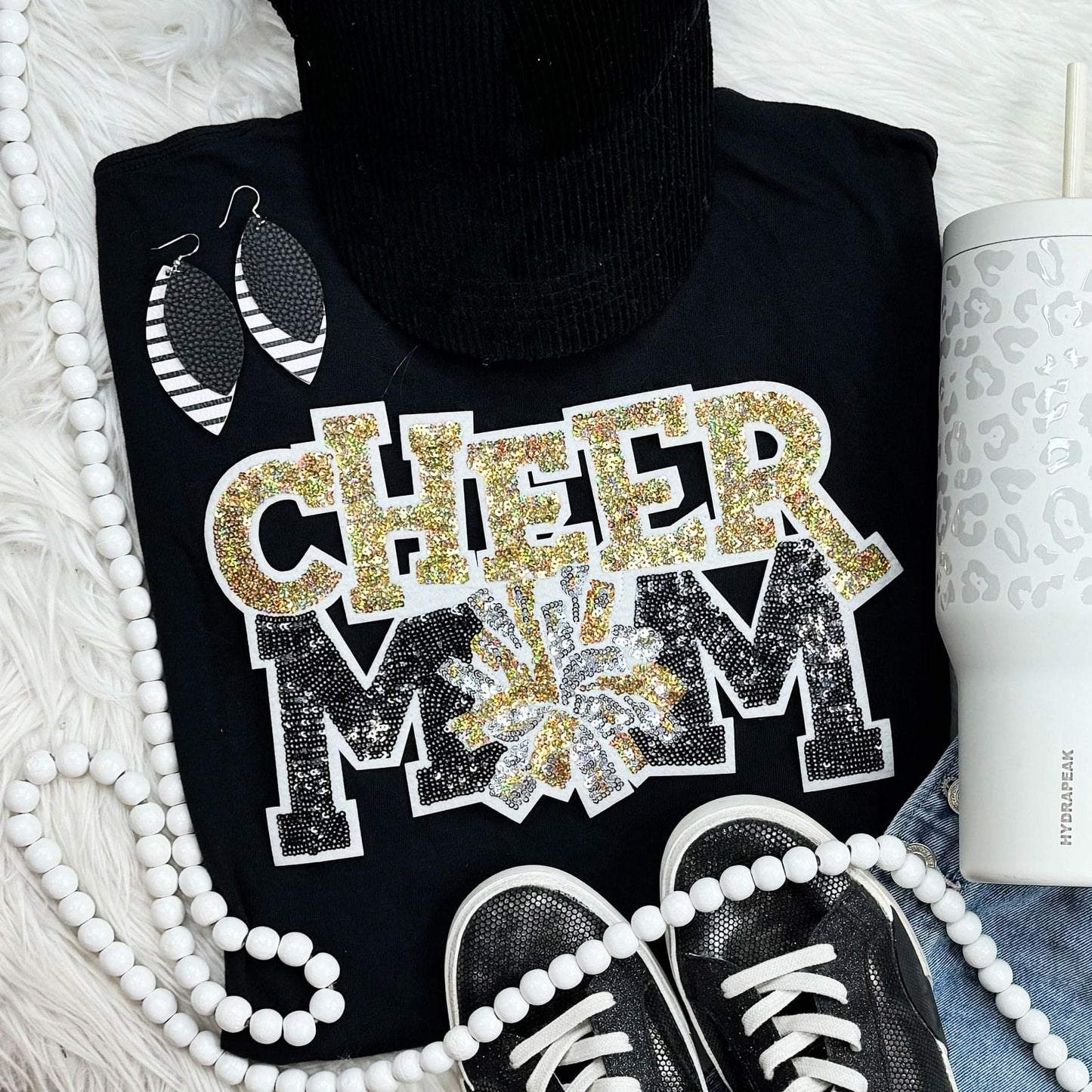 Sequin Cheer Mom Patch Black Everyday Tee