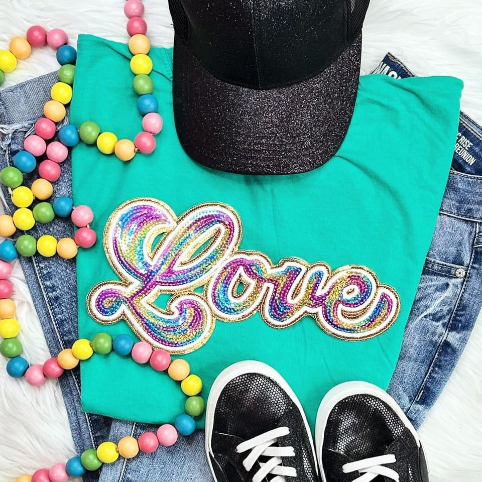 Rainbow LOVE Sequins Patch Pigment Dyed Tee