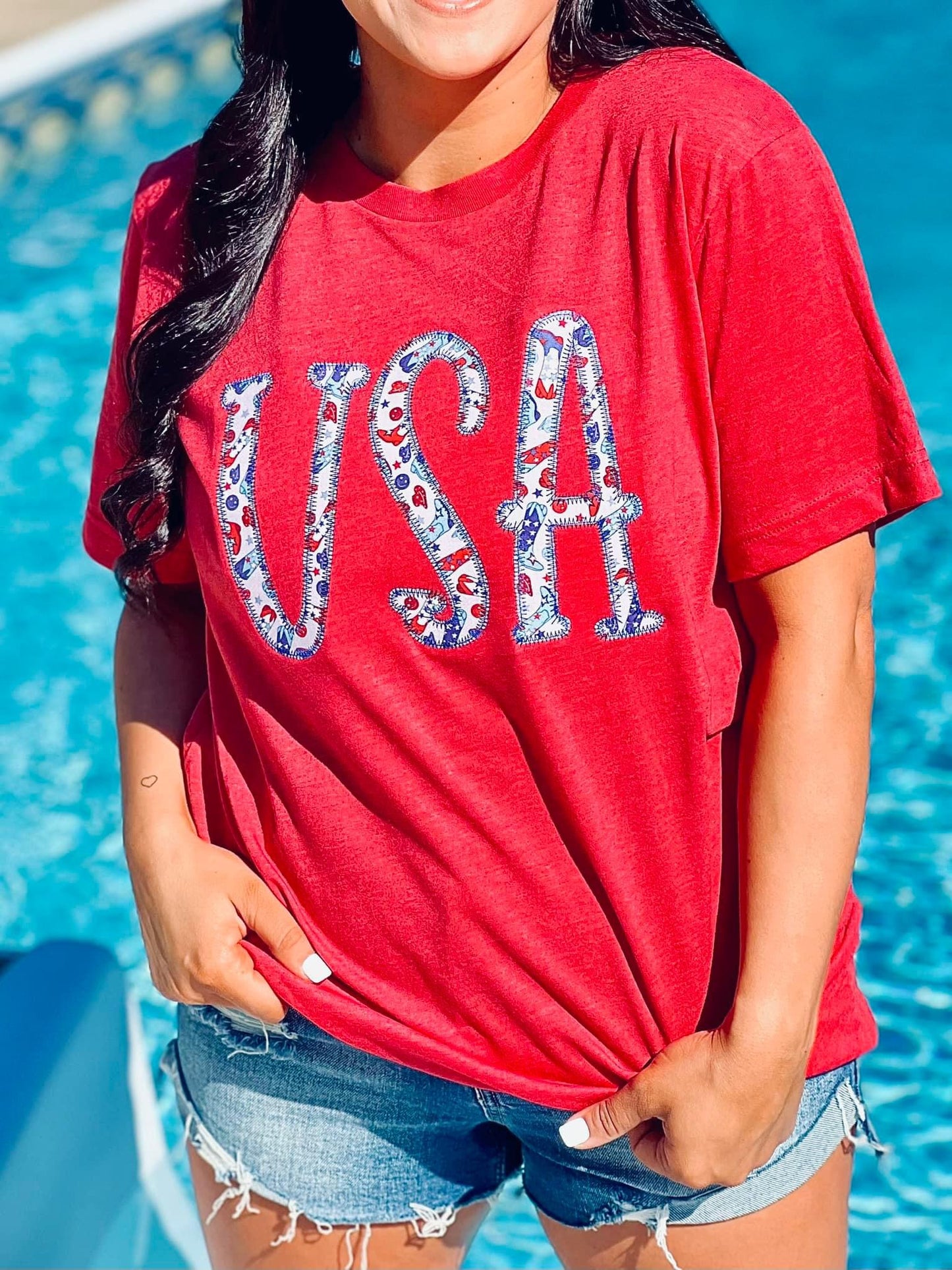 USA Patriotic Western Fabric Applique Tee