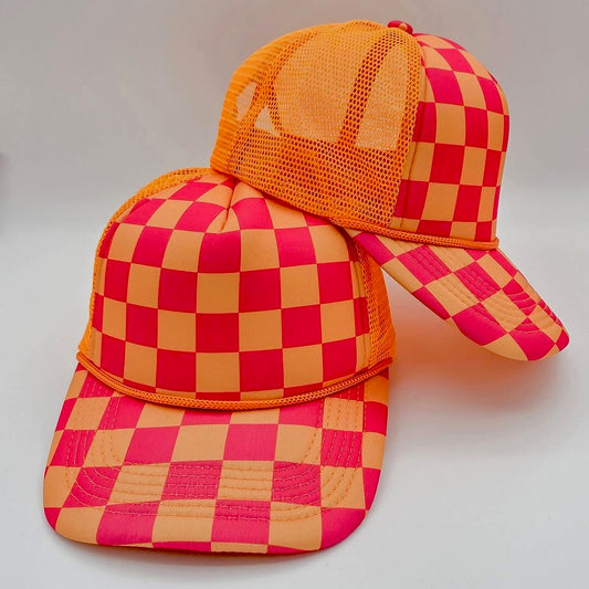 Neon Pink & Orange Checkered Foam Trucker Hat