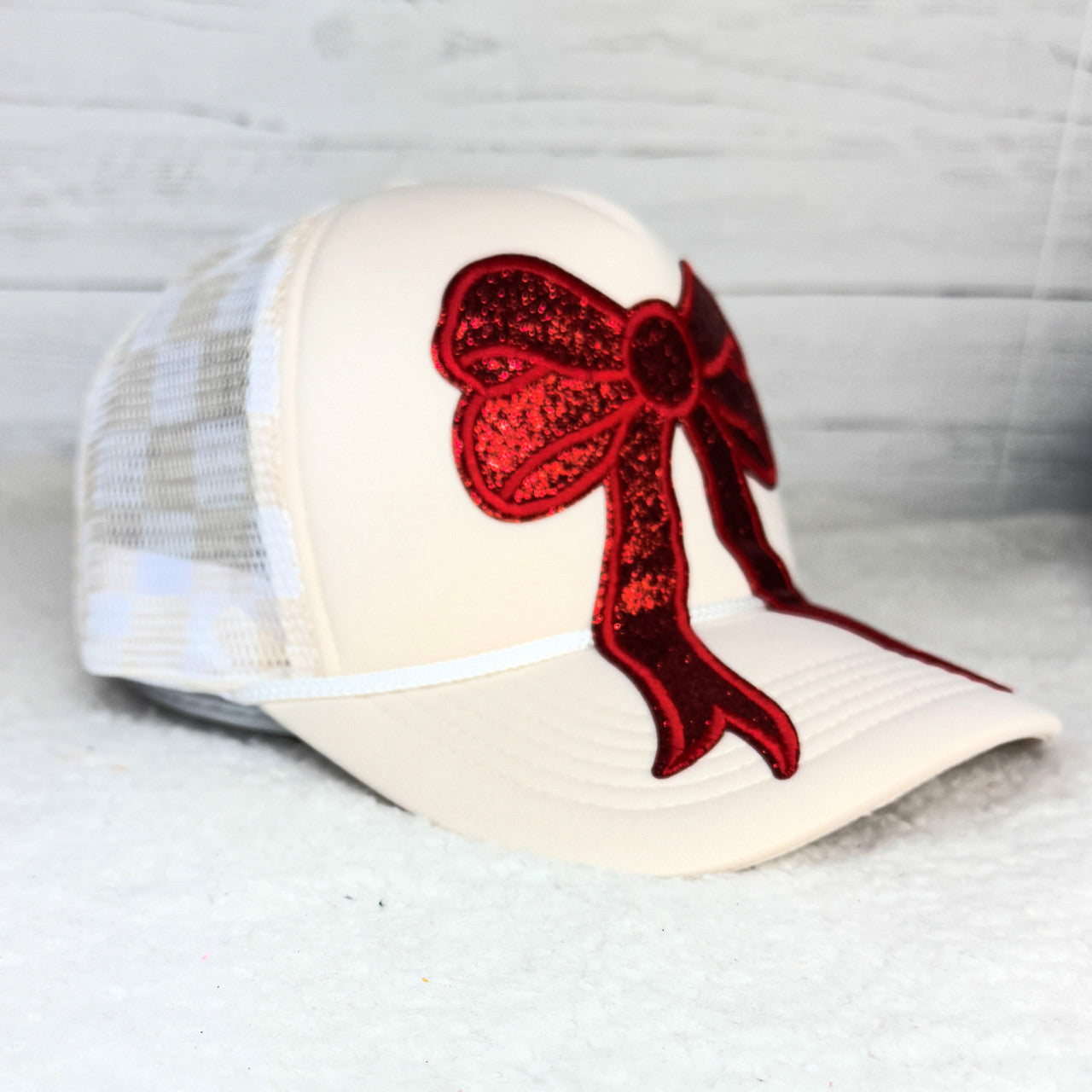 Red Sequin Bow Beige & White Checkered Trucker Hat