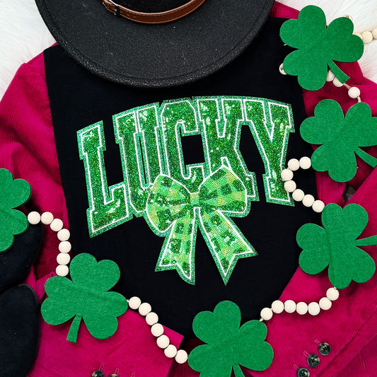 Lucky with Bow Sequin Patch  Tee