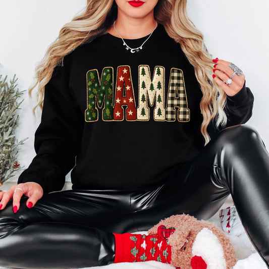 Patterned Christmas Mama Faux Embroidery Sweatshirt