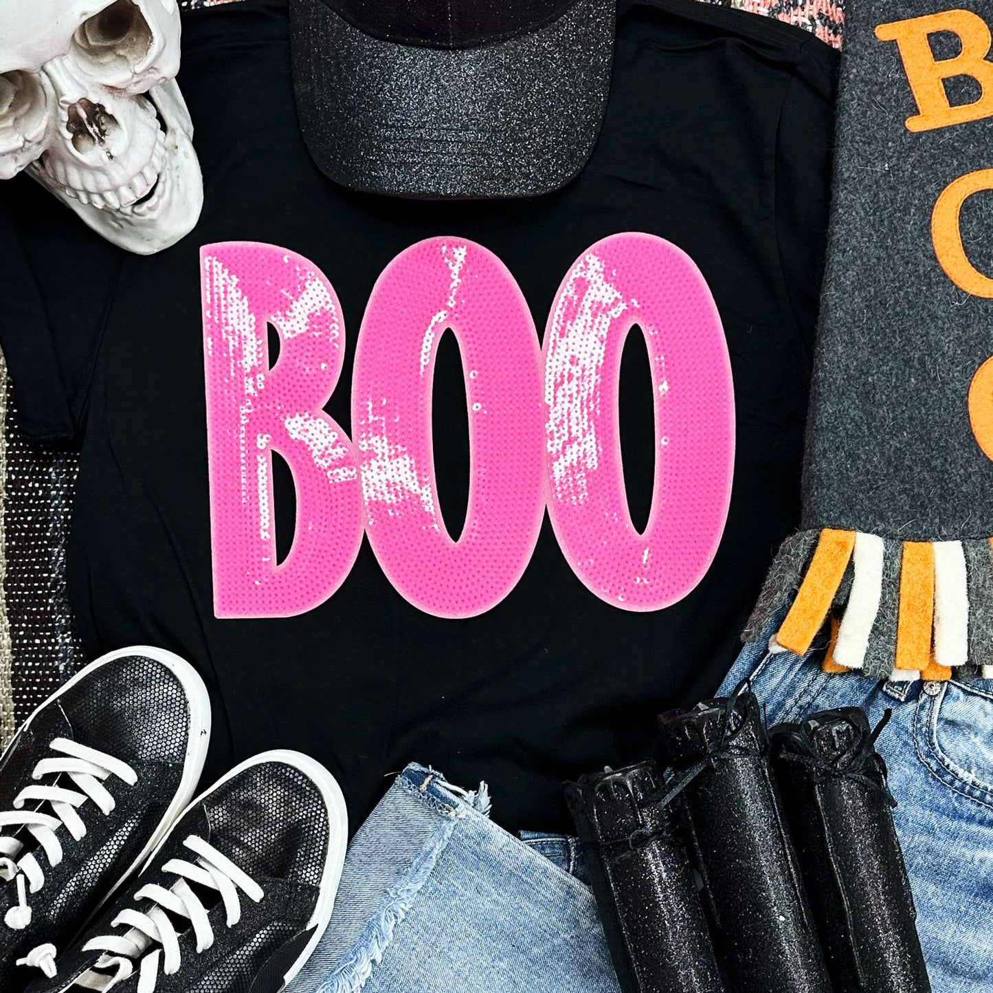 Pink Sequins BOO Black Tee/Sweatshirt
