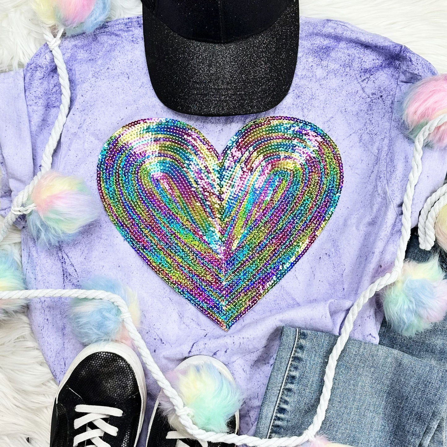 Rainbow HEART Sequin Patch  Tee