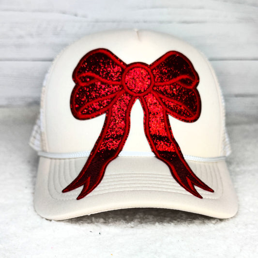 Red Sequin Bow Beige & White Checkered Trucker Hat