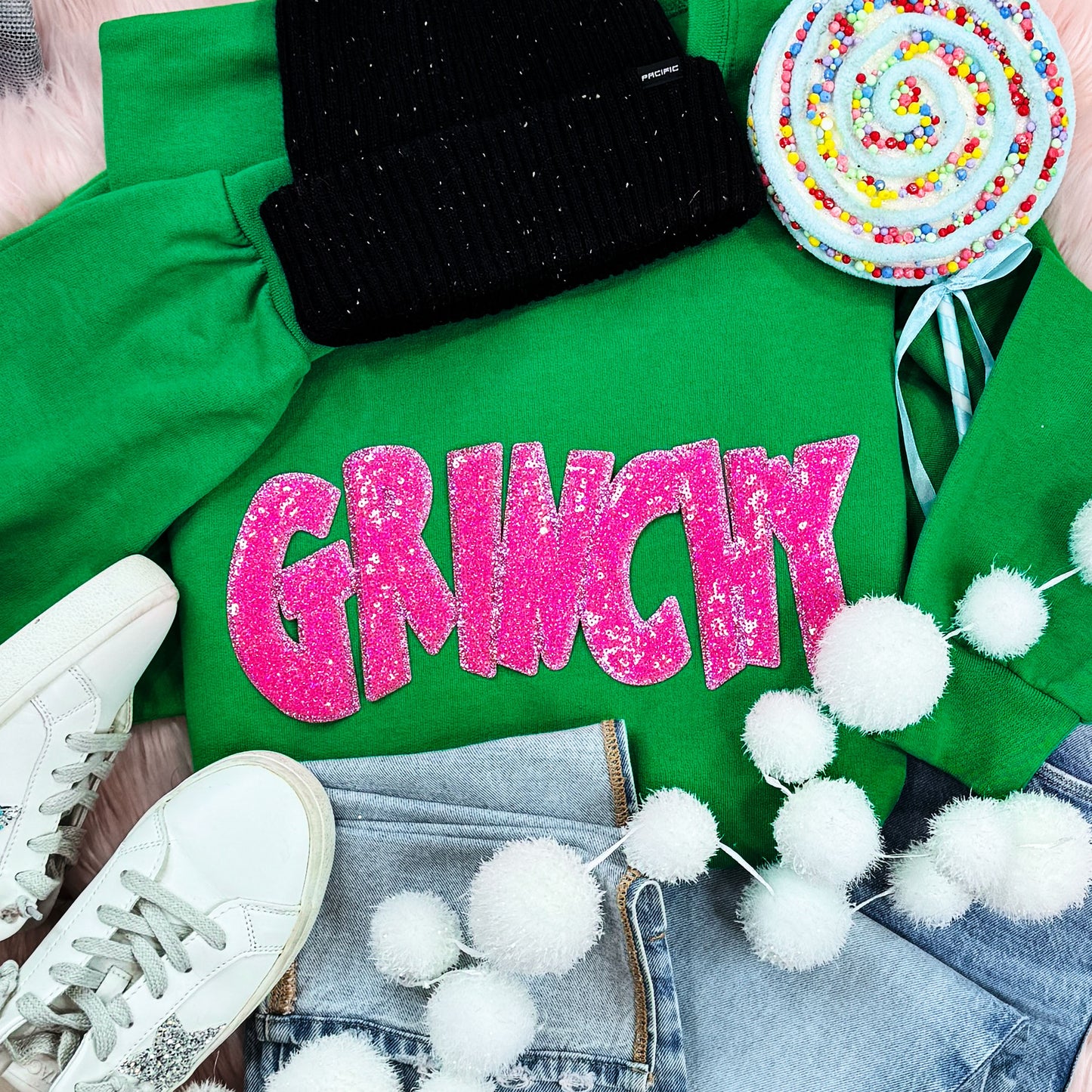 Grinchy Pink Sequin Patch Irish Green Crewneck Sweatshirt