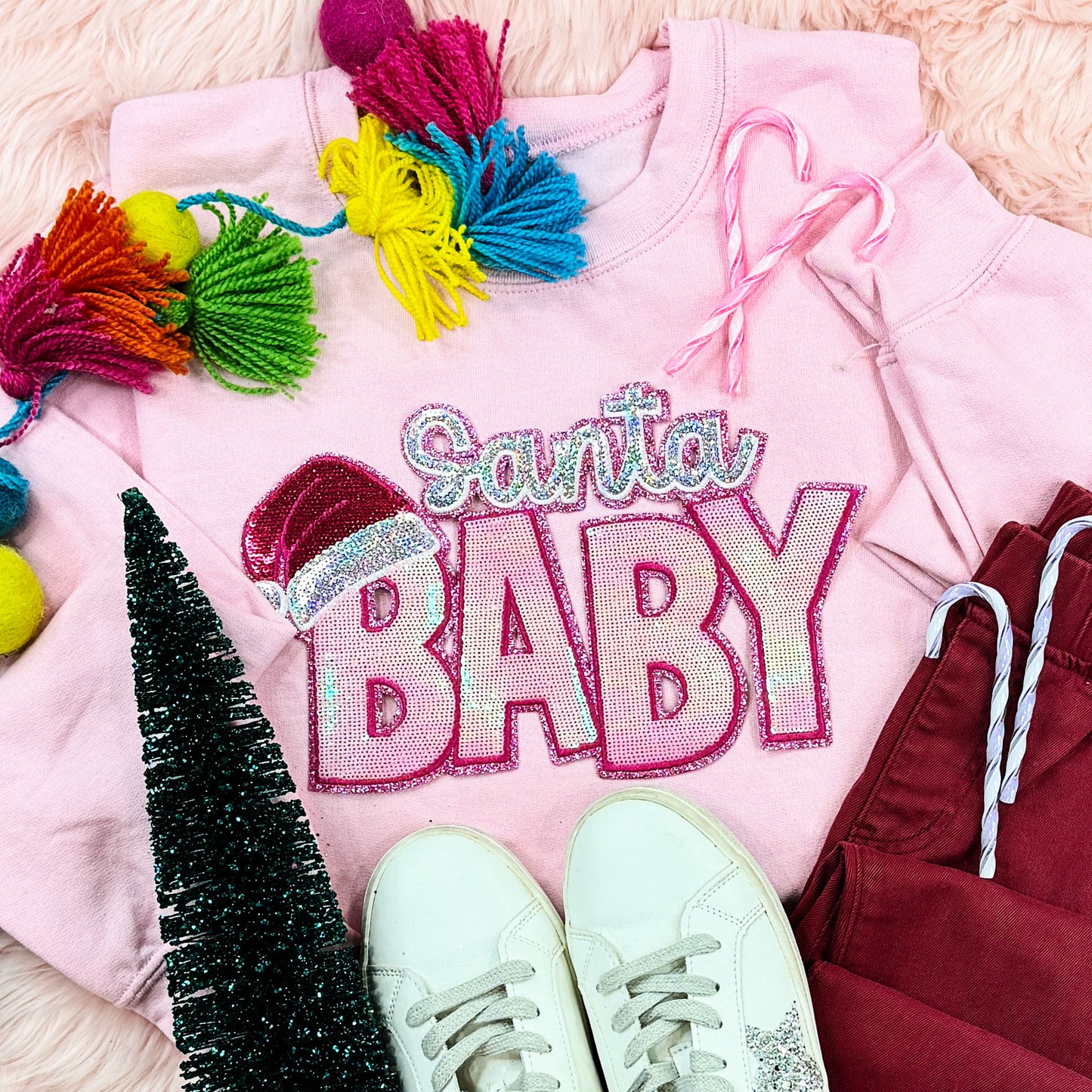 Santa Baby With Hat Sequin Patch Light Pink Crewneck Sweatshirt