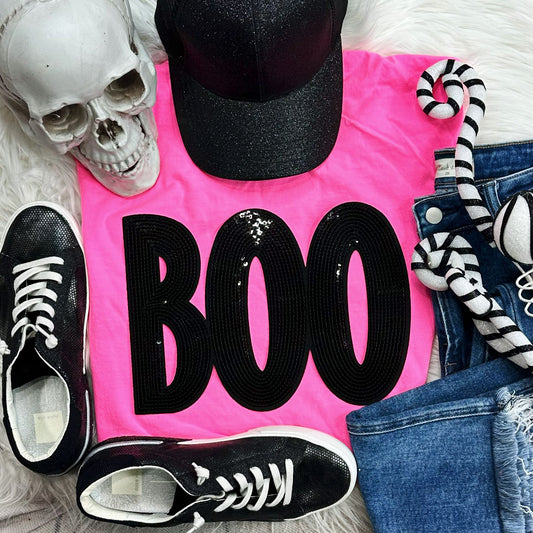 Black Sequins BOO Patch Neon Pink Tee/Sweatshirt