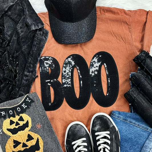 Black Sequins BOO Chenille Patch Yam Tee