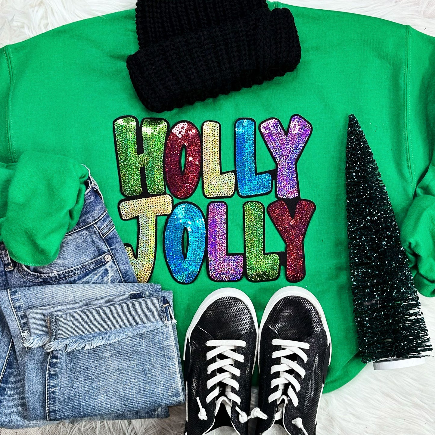 Sequin Holly Jolly Chenille Crewneck Sweatshirt