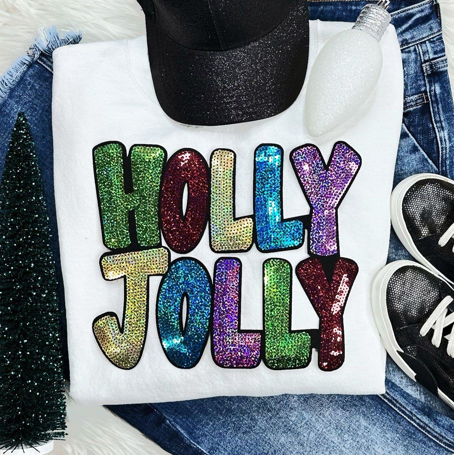 Sequin Holly Jolly Chenille Crewneck Sweatshirt