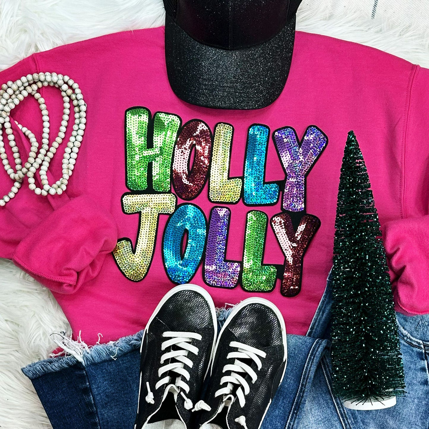 Sequin Holly Jolly Chenille Crewneck Sweatshirt