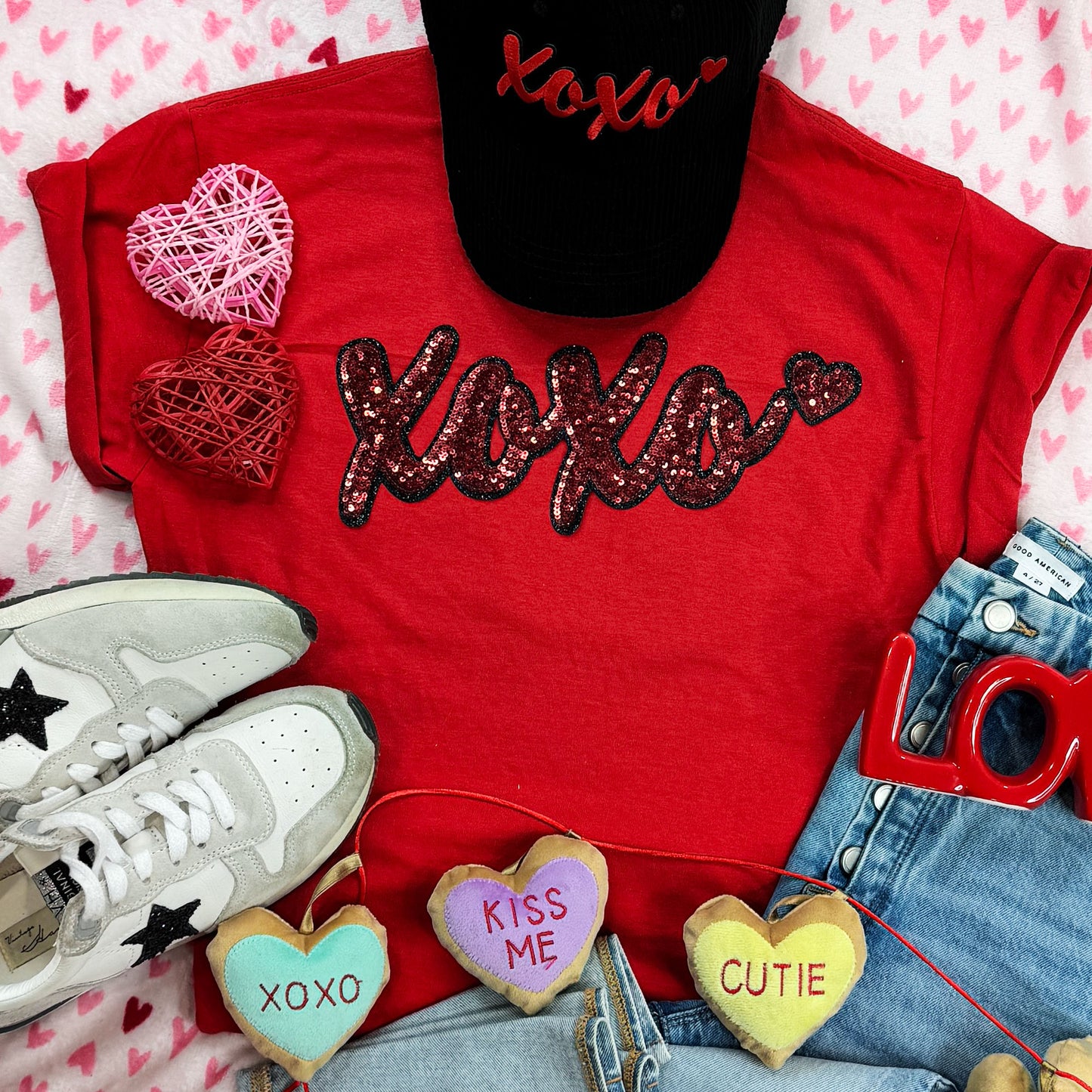 XOXO Red Sequin Patch Red  Tee