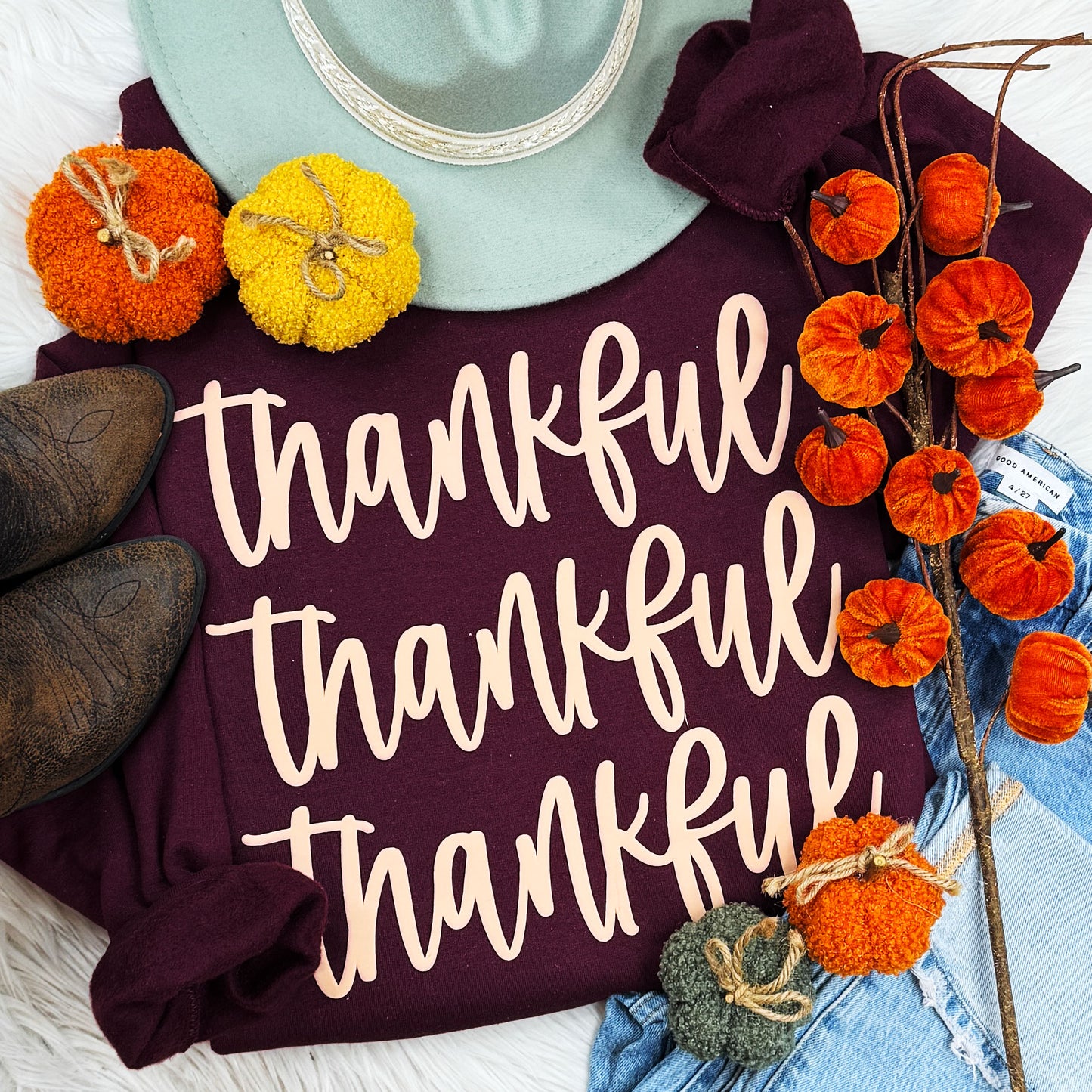 Thankful Stacked Tan PUFF Garnet Crewneck Sweatshirt